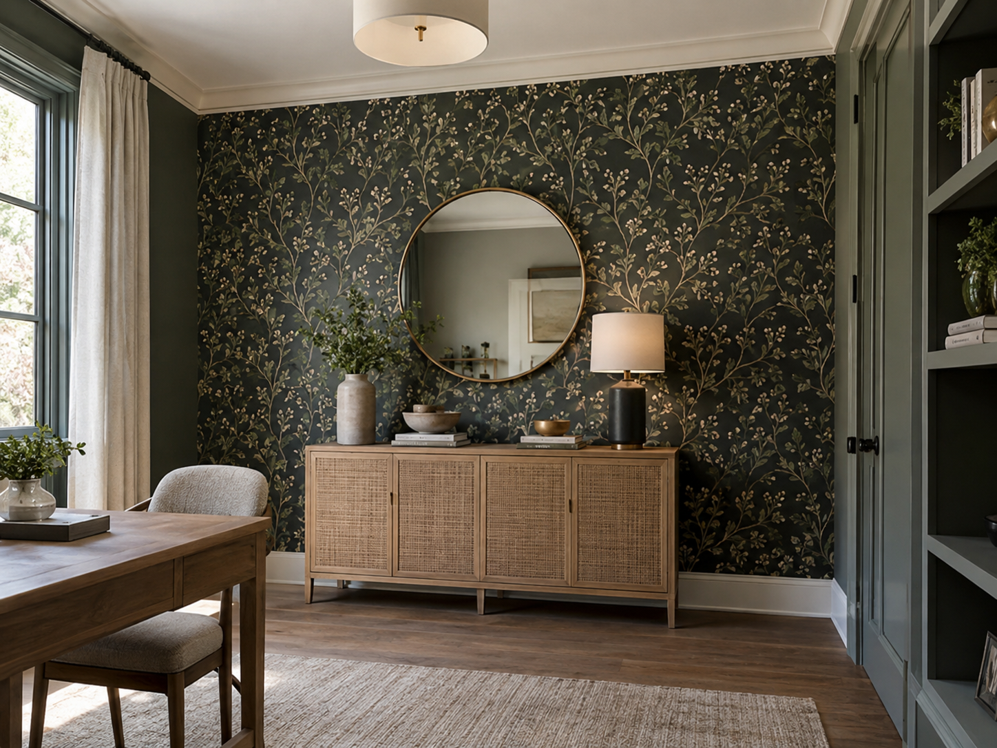 Finished wallpaper installation in a professionally decorated interior